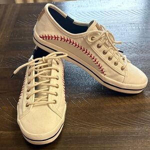 Keds Cream Women’s Canvas “Baseball”Sneakers with Red Stitching